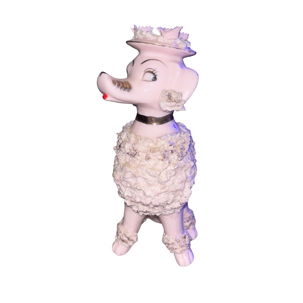 Vintage 1950s Pink Spaghetti Poodle Porcelain Figurine Gold Trim Floral Hat 7" - Picture 2 of 6